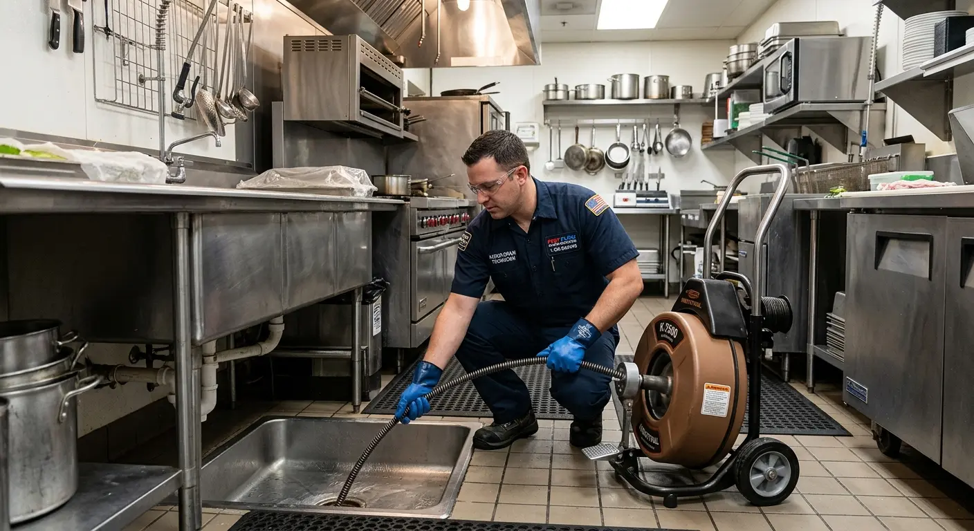 Commercial drain cleaning service in a restaurant kitchen in Gulf Park Estates
