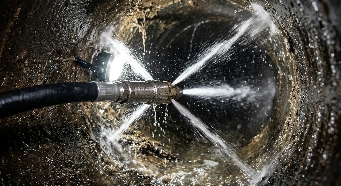 High-pressure hydro jetting nozzle cleaning sewer pipe for Storm Drain Cleaning in Gulf Park Estates