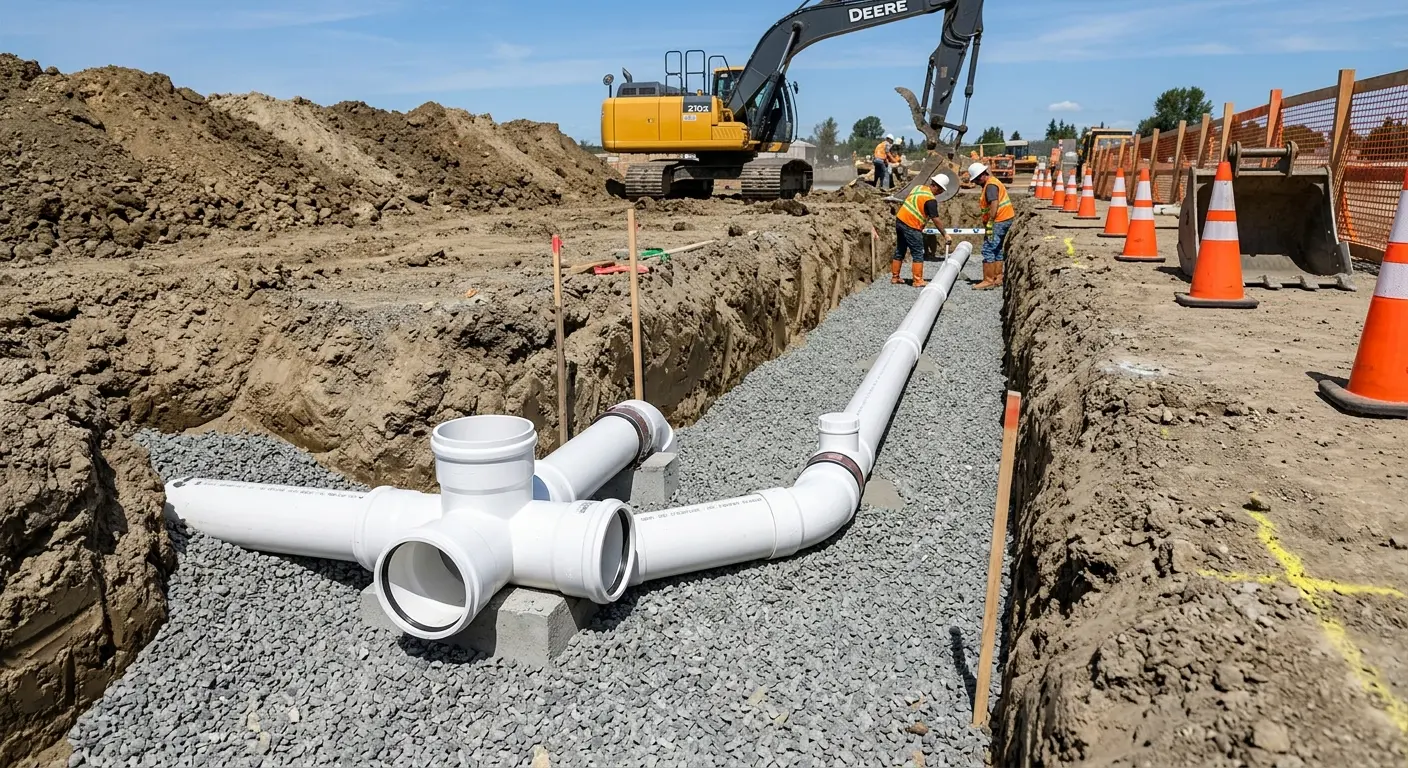 New PVC sewer pipe installation in open trench for Sewer Backup in Gulf Park Estates