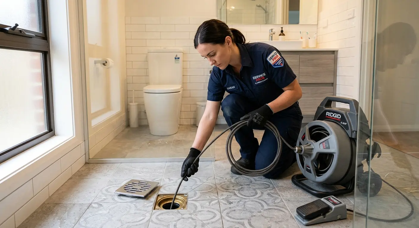 Technician clearing a bathroom floor drain for Drain Cleaning in Gulf Park Estates